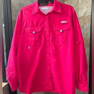 Women’s Columbia PFG Bright Pink Fishing Hiking Shirt Long Sleeve Button Down XL